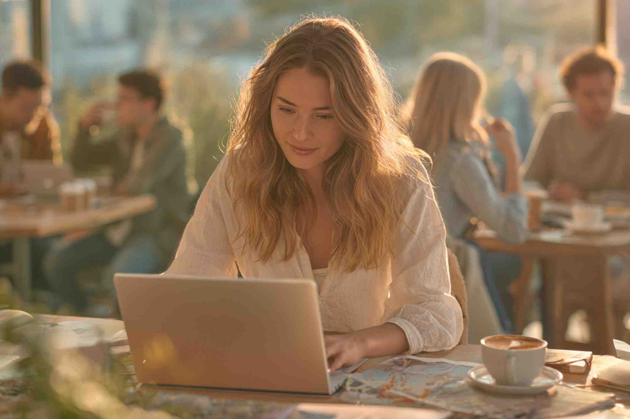 Woman watching laptop at an outdoor café, representing engagement with whiteboard animation videos and their psychology.