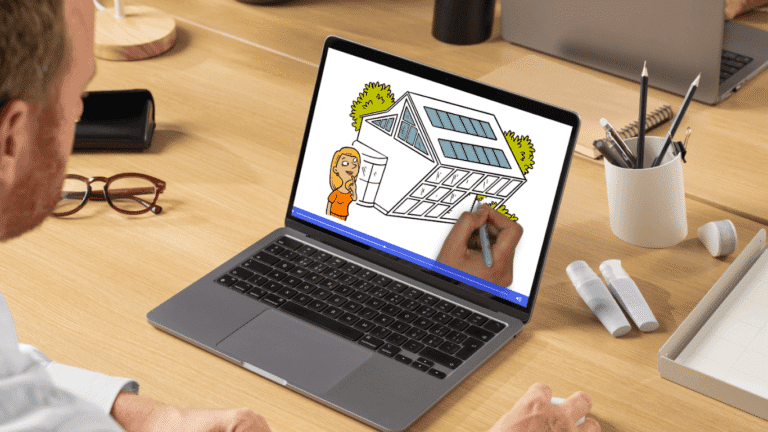 Man watching a laptop screen showing a hand drawing a cartoon woman and a house in a whiteboard animation style.